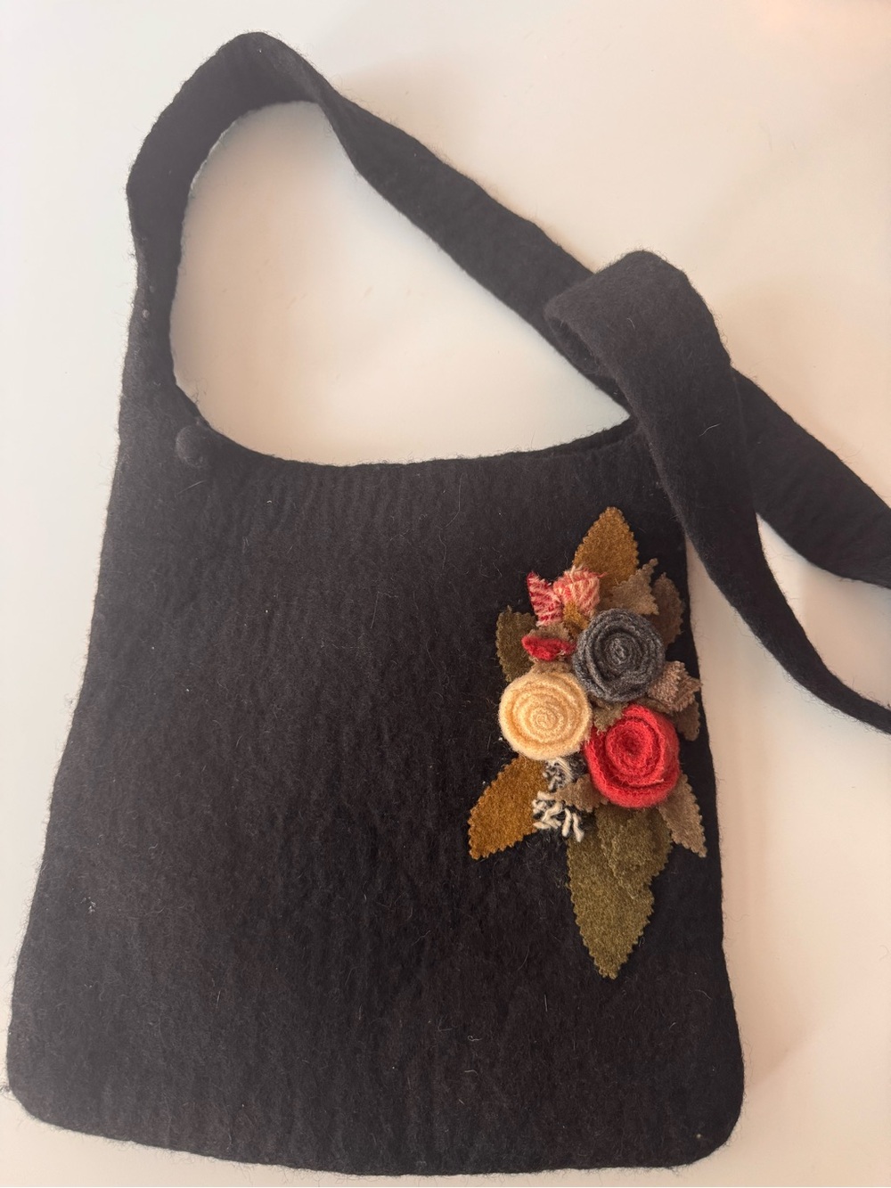 Handmade Black Felt Shoulder Bag with Floral Felt Appliqué
